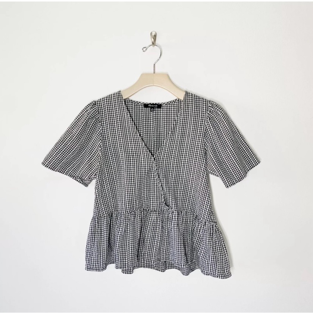 Madewell Crossover Peplum Top in Textured Gingham Check style AK715 size XL